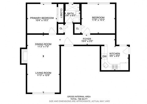 Floor plan for 2 beds, 1 bath, 733 sqft